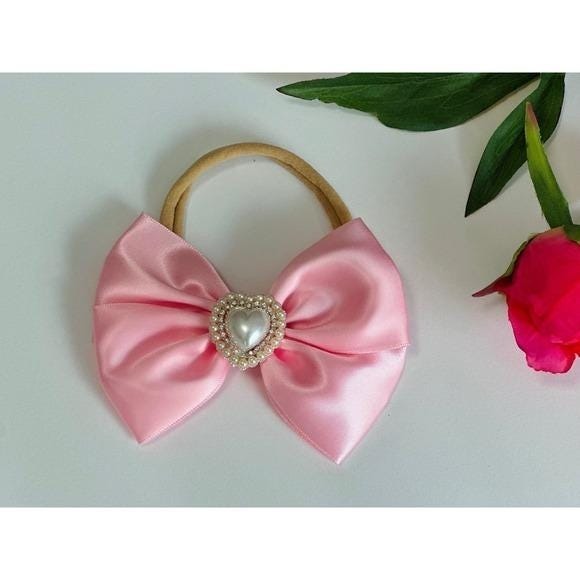 Baby Girl Pink Satin Bow Headband Pearl Heart Embellishment Toddler Accessory - Picture 4 of 4